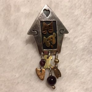 Far Fetched Sterling Silver Dog Cat House Heart Pin